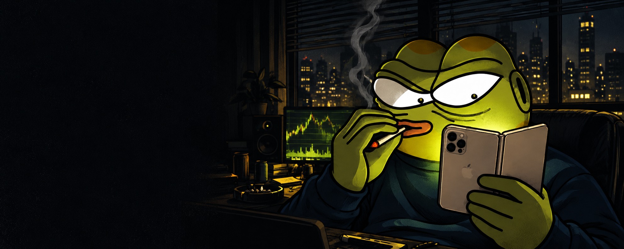 Pepe watching his folding phone in a smoky midnight apartment