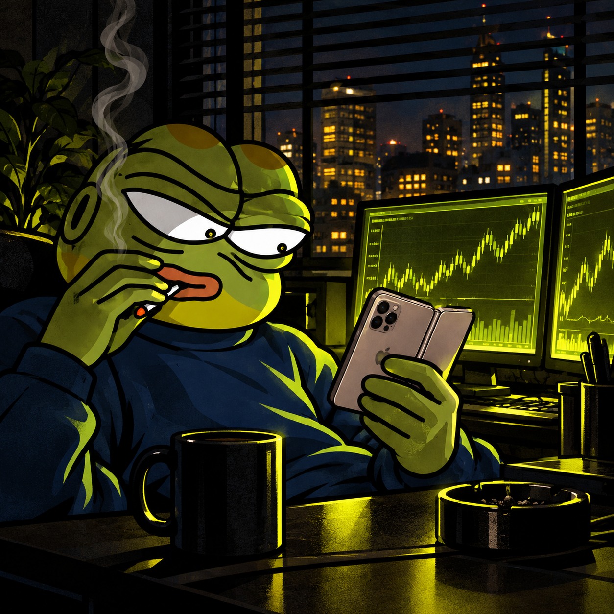 Pepe checking his folding phone at a smoky midnight trading desk