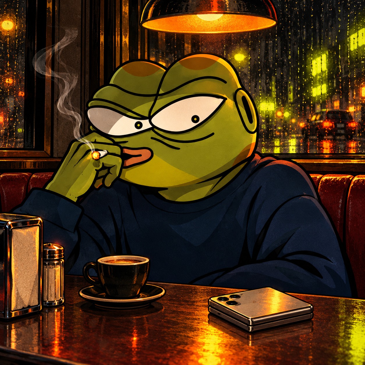 Pepe taking an espresso break in a rainy neon diner