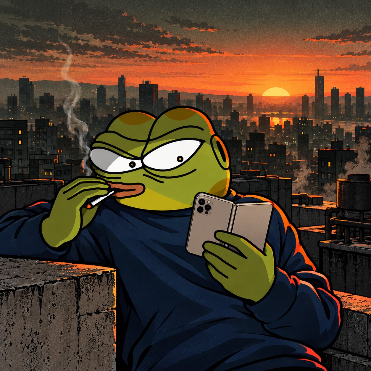 Pepe with his folding phone on a city rooftop at sunrise